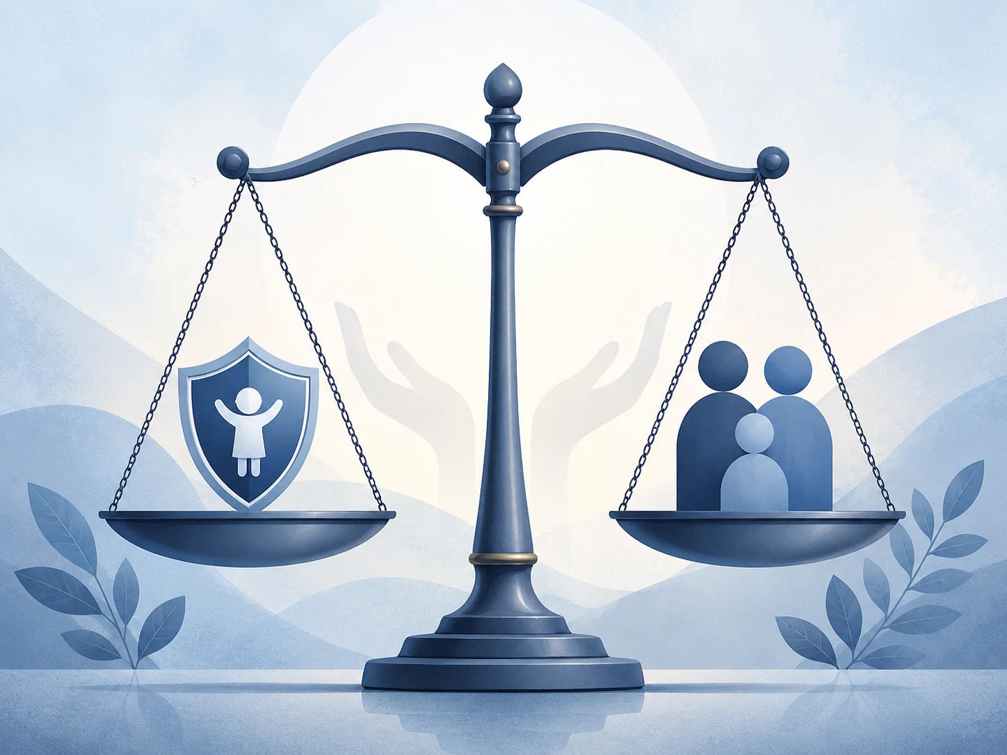 A balanced set of scales with a small protective shield in one pan, in soft blue and slate tones — symbolising a child's rights weighed against parental authority.